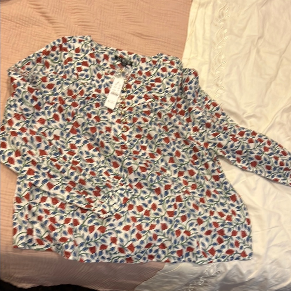 J. Crew Red and Blue Floral Button-Up Blouse